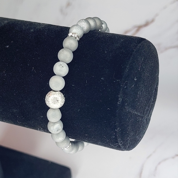 Silver Gemstone Druzy Agate Beaded Stretch Bracelet Smooth Matte rhinestone - Picture 4 of 9
